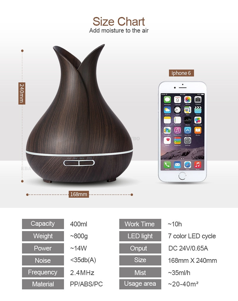 KBAYBO 400ml Aroma Oil Diffuser Ultrasonic Air Humidifier 7 Color Changing LED Lights - NaturaCurandera.com